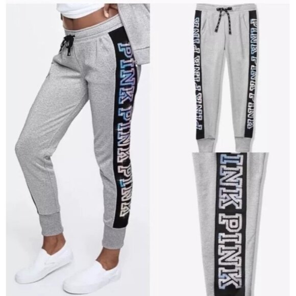 PINK Victoria's Secret Pants - PINK VICTORIA'S SECRET Metallic Joggers Mermaid Sequin Spellout Sweatpants XL